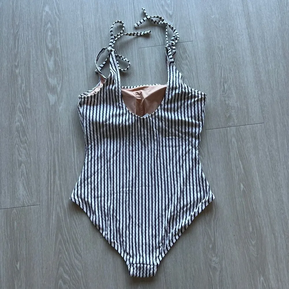 J Crew Factory Striped Tie Shoulder One Piece Swimsuit Large Antique Navy White